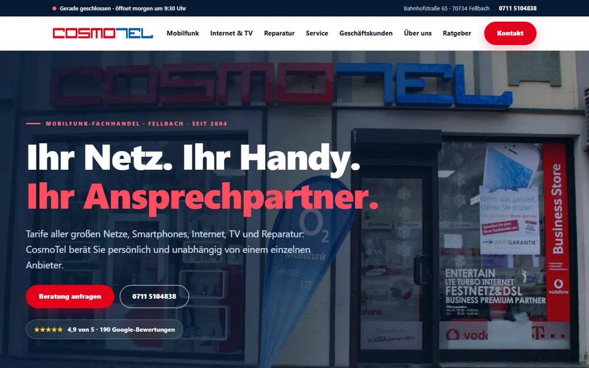 Startseite der Website CosmoTel Fellbach, Mobilfunk-Fachhandel in Fellbach