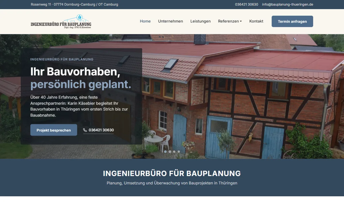 Startseite der Website Ingenieurbüro für Bauplanung, Bauplanung in Thüringen