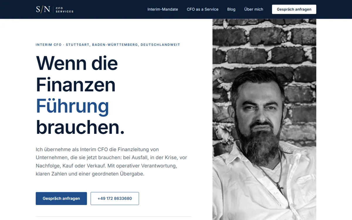 Startseite der Website Interim CFO Sascha Neidlein, Finanzleitung auf Zeit in Stuttgart