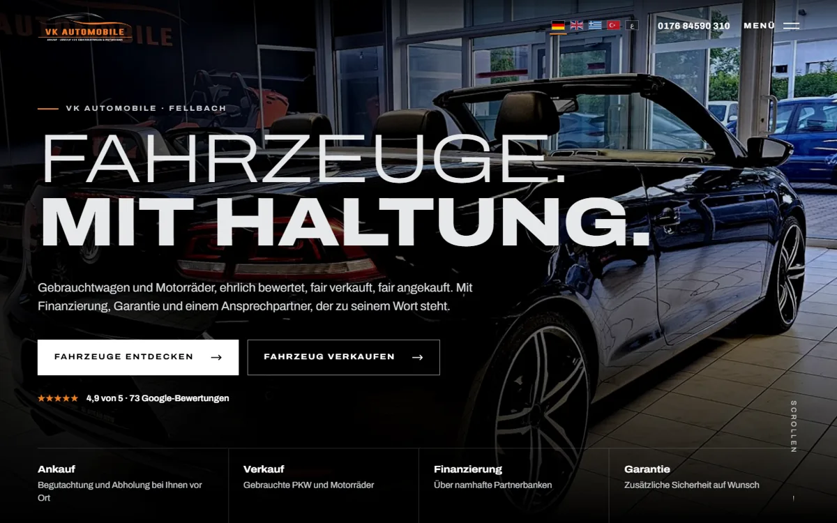 Startseite der Website VK Automobile Fellbach, Gebrauchtwagen, Motorräder und Autoankauf in Fellbach